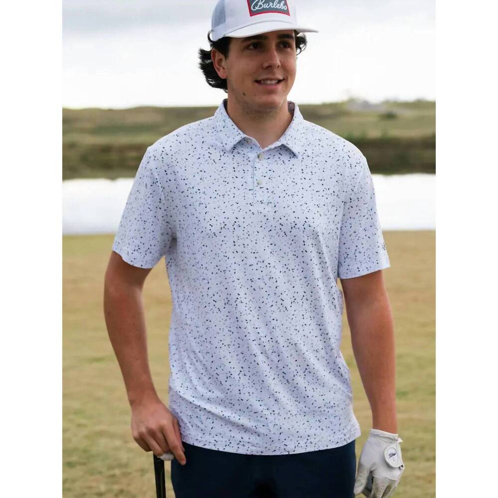 NEW BURLEBO short sleeve performance polo in white speckled